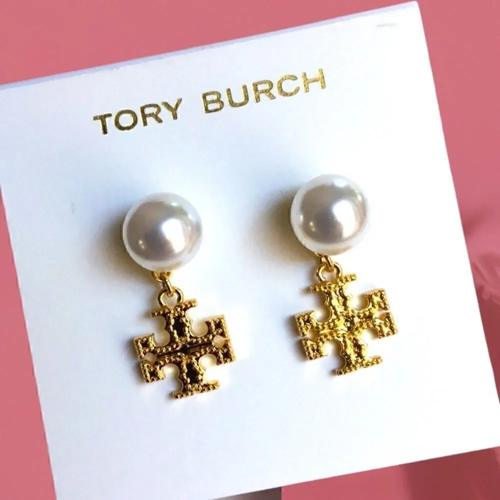 TORY BURCH PEARLS DROP LOGO DOUBLE T EARRINGS.